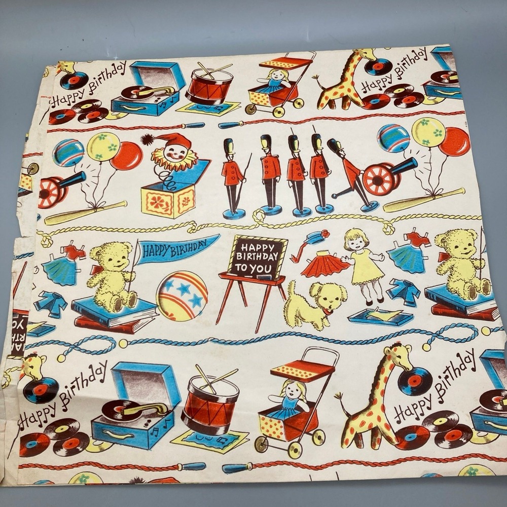 Vintage Children's Birthday Partial Sheet Paper Gift Wrap Doll Soldier Balloons